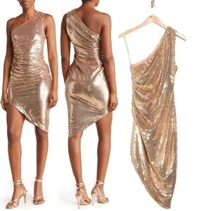 Torn by Ronny Kobo Keira One-Shoulder Gold Sequin High-Low Dress - NWT - Size L